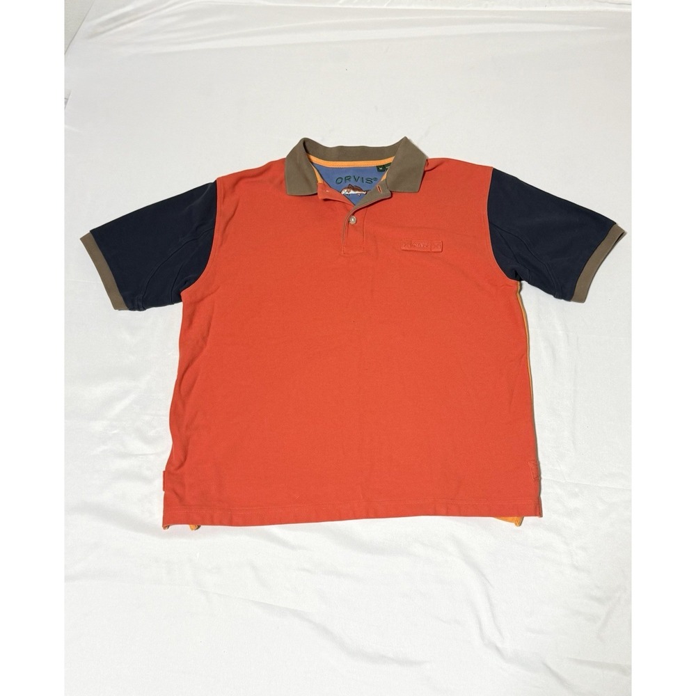 Orvis Men's Size Med Orange/Navy Colorblock Short Sleeve Cotton Knit Polo Fish